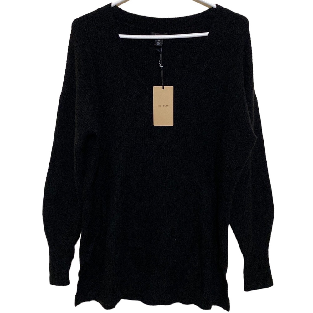 NWT Halogen Women Black Tunic V-Neck Sweater Size Large